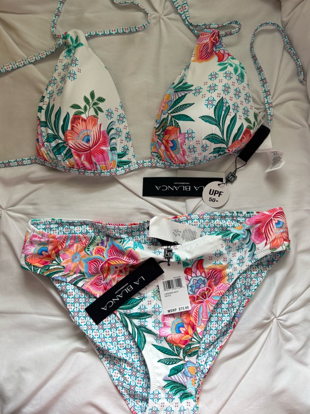 Reversible La Blanca White Floral Triangle Bikini TOP with Multicolor Blooms/geo